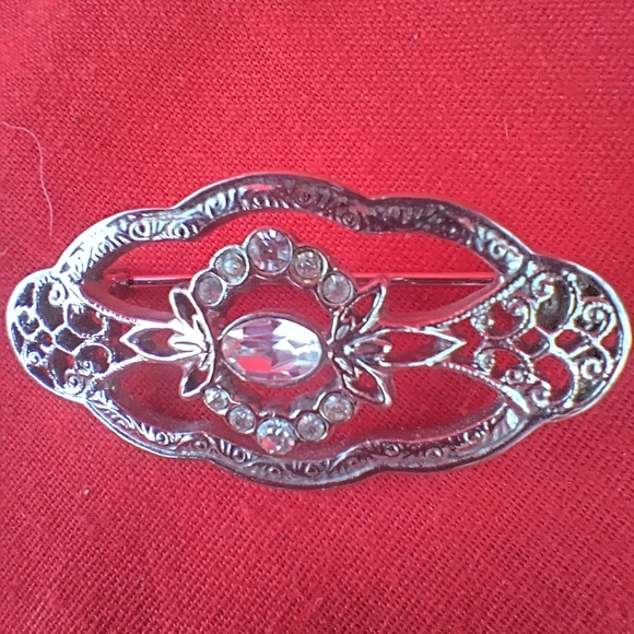 Vintage Downton Abbey Silver-tone Crystal Edwardian Oval Brooch - Picture 6 of 6